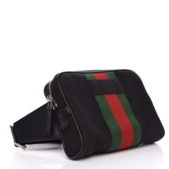 Gucci Techno Web Stripe Black Canvas Leather Trim Waist Belt - Picture 2 of 10